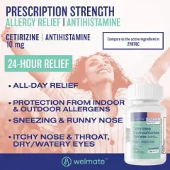 Welmate Allergy Relief | Cetirizine HCl 10 mg | 100 Count Tablets | 24 Hour