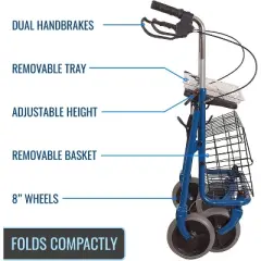 DMI Steel Rollator Walker with Seat, Handbrakes & Basket, Adjustable Height, Blue