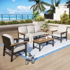 All Weather HDPE Outdoor Patio Furniture Conversation Set with Beige Cushions and Coffee Table