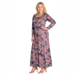 Womens Plus Size Long Sleeve Black Paisley A Line Maxi Dress