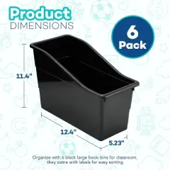 4E's Novelty 6 Pack Large Book Bin with Labels, Durable Black Book Bins for Classroom, Large Plastic Bins for Books, Sturdy Containers for Books