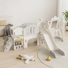 INFURNIC Baby Activity Gyms, Kids Play Set with Basketball Hoop and Extra long aisle, for Outdoor or Indoor Playground, Gray, 102.1"*25.6"*44.5"