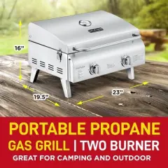 Portable Grill &ndash; Table Top Stainless Steel Propane Gas BBQ for Camping and Outdoor &ndash; 2 Burners &ndash;20,000