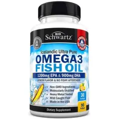 Omega 3 Fish Oil Softgels, 1200mg EPA and 900mg DHA Fatty Acid, Supports Joint, Eyes, Brain & Skin Health, Burp-less Lemon Flavor, Bioschwartz, 180ct