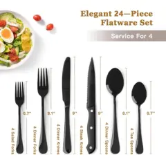 Itopfox 24-Piece Black Silverware Set with Steak Knives, Food-Grade Stainless Steel Flatware Set for 4, Mirror Polished Cutlery Set with Spoons