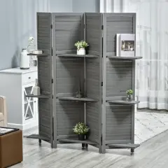 HOMCOM 4 Panel 67" Tall Wood Privacy Screen Room Divider with 3 Display Shelves, and Folding Storage for Bedroom or Home Office, Gray