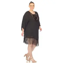 Plus Size Crocheted Fringed Trim Dress  Cover Up - White Mark