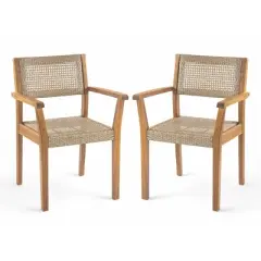 Outdoor Acacia Wood Dining Chairs Set of 2,Wicker Accent Patio Chairs,Weather Resistant Chair Set for Garden or Balcony-Coolbibila