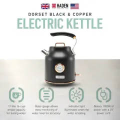 Haden Dorset 1.7 Liter Stainless Steel Electric Kettle, Hot Water Kettle with 360-Degree Base and Auto Shutoff, Black & Copper