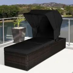 Tangkula Rattan Patio Chaise Lounge Chair W/ Adjustable Canopy Black Cushion