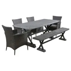 Ponza 6pc Rectangle Wicker & Light Weight Concrete Patio Dining Set - Gray - Christopher Knight Home