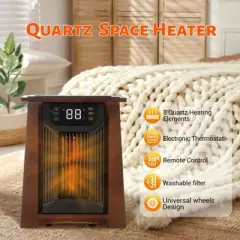 Infrared Heaters for Indoor Use, 20 Inch, Luxury Insulated Wooden Cabinet, Infrared Space Heater with Remote Control, Timer, Filter, Charging Ports