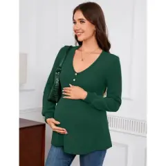 Coolmee Womens Maternity Tops Long Sleeve Pregnancy Tunic Blouses Button V Neck Ribbed Shirts Pregnant Clothes
