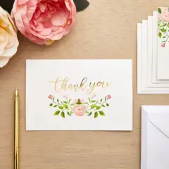 Paper Junkie 48 Count Floral Thank You Cards with Envelopes Set, Gold Foil Rose Thank You Notes for Wedding, Bridal & Baby Shower, 4x6 in