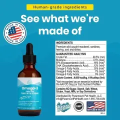 Wild-Caught Omega 3 Fish Oil , Liquid EPA DHA Supplement for Skin, Coat, Joints & Heart, Low-Odor Omega 3 Drops for Small Dogs & Cats with Itchy Skin