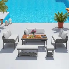 6-Piece Outdoor Modular Patio Furniture Set with Rope Weave Sofas,Table with Ice Box, Thick Cushions, Adjustable Feet