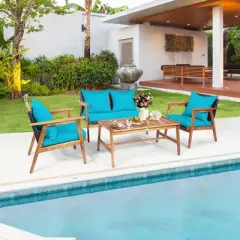 Tangkula 4PCS Patio Rattan Furniture Set Wood Frame Cushioned Sofa with Coffee Table Sectional Conversation Sofa Set for Garden