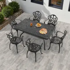 7-Piece Cast Aluminum Outdoor Dining Set with Beige Cushions, Rectangle Table & Ergonomic Chairs - for Patio, Backyard