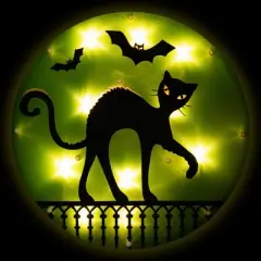Northlight Lighted Black Cat with Bats Halloween Window Decoration - 13.75"