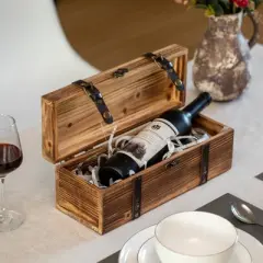 Vintiquewise Vintage Wooden Wine Gift Box &ndash; Rustic Single Bottle Holder with Locking Latch, Decorative Brass Accents, and Faux Leather Straps