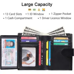 Men's Wallet Genuine Leather Bifold RFID Blocking Wallets for Men Credit Card Holder with Coin Pocket,Black