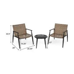 FIONECA 3-Piece Outdoor Chat Set with 2 PE Rattan Chairs and Black Steel Side Table with Tempered Glass Top
