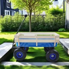 FURNIinspire Wheelbarrows And Lawn Carts Outdoor Wagon Pulling Air Tires Garden Cart, Lawn Cart With Pull Handle, Blue, 39&ldquo;*19"*20"