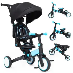 Whizmax Baby Tricycle, 7-in-1 Folding Kids Tricycle with Adjustable Parent Handle, Safety Harness, Removable Canopy for Toddlers for 1-6 Years, Blue