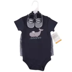 Hudson Baby Infant Boy Cotton Bodysuit, Shorts and Shoe 3pc Set, Sailor Whale