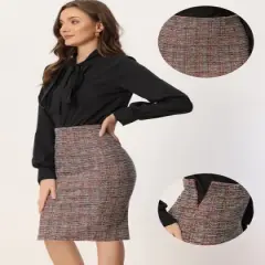 Allegra K Women's Plaid Tweed High Waist Split Office Pencil Wrap Skirt