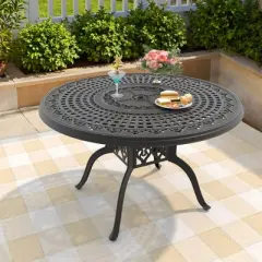 Round 47.24-inch Cast Aluminum Patio Dining Table with a 1.88-inch with Umbrella Hole