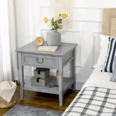 HOMCOM Vintage Side Table for Living Room or Bedroom Storage End Table with Antique Handle Drawer & Shelf, Wooden Side Table, Set of 2, Gray