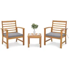Costway 3 PCS Outdoor Furniture Set Acacia Wood Conversation Set with Soft Seat Cushions White/Grey/Navy