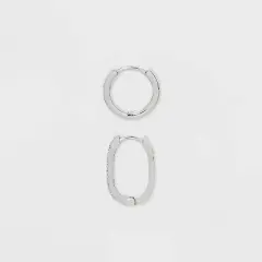 Sterling Silver Polished Round and Pave Rectangular Huggie Hoop Earrings 2pc - A New Day&trade; Silver