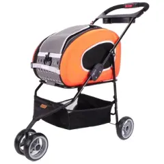 Ibiyaya Compact Multifunctional 5-in-1 EVA Convertible Foldable Small Pet Carrier/Stroller Combo System for Dog or Cat up to 16 Pounds, Orange