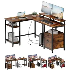 GustoWave 67" L-Shaped Computer Desk with File Drawer,Corner Office Desk, Includes Monitor Shelf, Printer Storage, and Mobile CPU Stand, Gaming Table