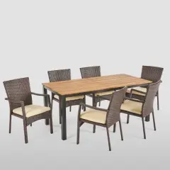 Marconi 7pc Acacia Wood Dining Set with Wicker Chairs & Cushions - Christopher Knight Home