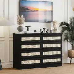 Jojoka 8 Drawer Double Dresser for Bedroom, Rattan Chest of Dressers