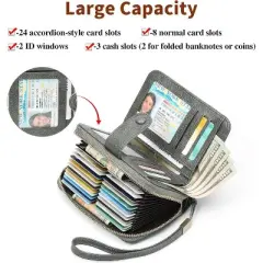 Leather Credit Card Holder Wallet for Women RFID Blocking Large Capacity Bifold Zipper Card Case Organizer with Wristlet 24 Slots,Gray