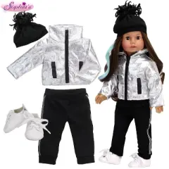 Sophia&rsquo;s Silver Metallic Jacket, Black Side Stripe Joggers, Sneakers, & Hat for 18&rdquo; Dolls, Silver/Black