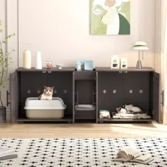 55" Cat Litter Box Enclosure Furniture, 3-in-1 Hidden Litter Cabinet with Barn Doors & Double Rooms for 2 Cats, Wooden Pet Furniture , Brown
