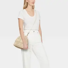 Straw Beaded Drawstring Crossbody Bag - Universal Thread&trade; Light Beige: Knit Paper Straw, Unstructured