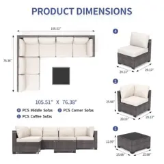 7-Piece Outdoor Patio Furniture Set, PE Rattan Wicker Sectional Modular Conversation Sofa Set with Thick Cushions & Glass Top Coffee Table