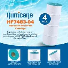 Hurricane 4 Pack HF7483-04 Advanced Pool Filter Cartridge for PA81-4-M, Unicel C-7483, Filbur FC-1225, SwimClear, Super-Star-Clear