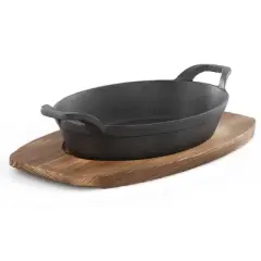 MegaChef Mini Cast Iron Oval Pan with Wood Tray