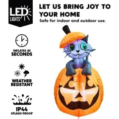 Joyfy 5 FT Tall Halloween Inflatable Outdoor Decorations, Animated Kitty Cat On Pumpkin Inflatable for Halloween Party Indoor Outdoor Yard Lawn Decor
