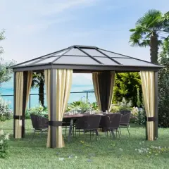 Outsunny 10x12 Polycarbonate Hardtop Gazebo, Gazebo Canopy with Aluminum Frame, Curtains and Netting for Garden, Patio, Backyard, Beige