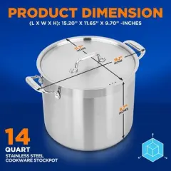 NutriChef Stainless Steel Cookware Stockpot - 14 Quart, Heavy Duty Induction Pot, Soup Pot with Stainless Steel