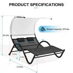 Crestlive Products Outdoor Double Chaise Lounge Chair with Canopy Shade & Wheels, Double Sun Bed Lounger