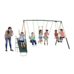 XDP Recreation Central Park Swing Set, 6 Child Capacity, Backyard Playset with Slide, Trapeze Swing, Fun-Glider, and 2 Traditional Swing Seats, Green